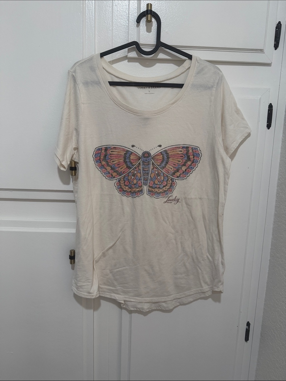 Lucky Brand Cream Short Sleeve Tee with Multicolor Butterfly
